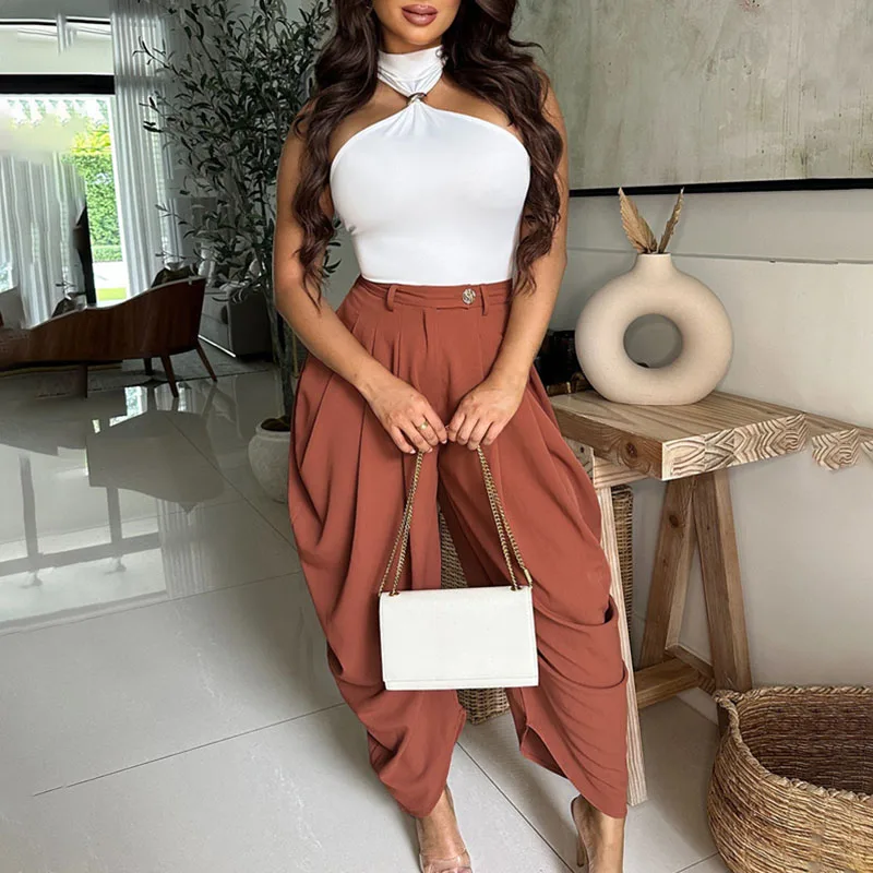 Doyerl Solide Elegante Hosen für Frau Kleidung Vintage Hohe Taille Taste Fly Plissee Knöchel-länge Damen Hosen Pantalon Femme