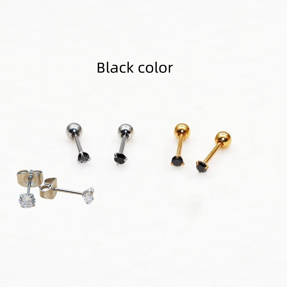 wStainless Steel AAA Zircons Stud Earrings Black Color 20G Screw Back For Men Women 2mm Delicate Fashion No Fade Allergy F