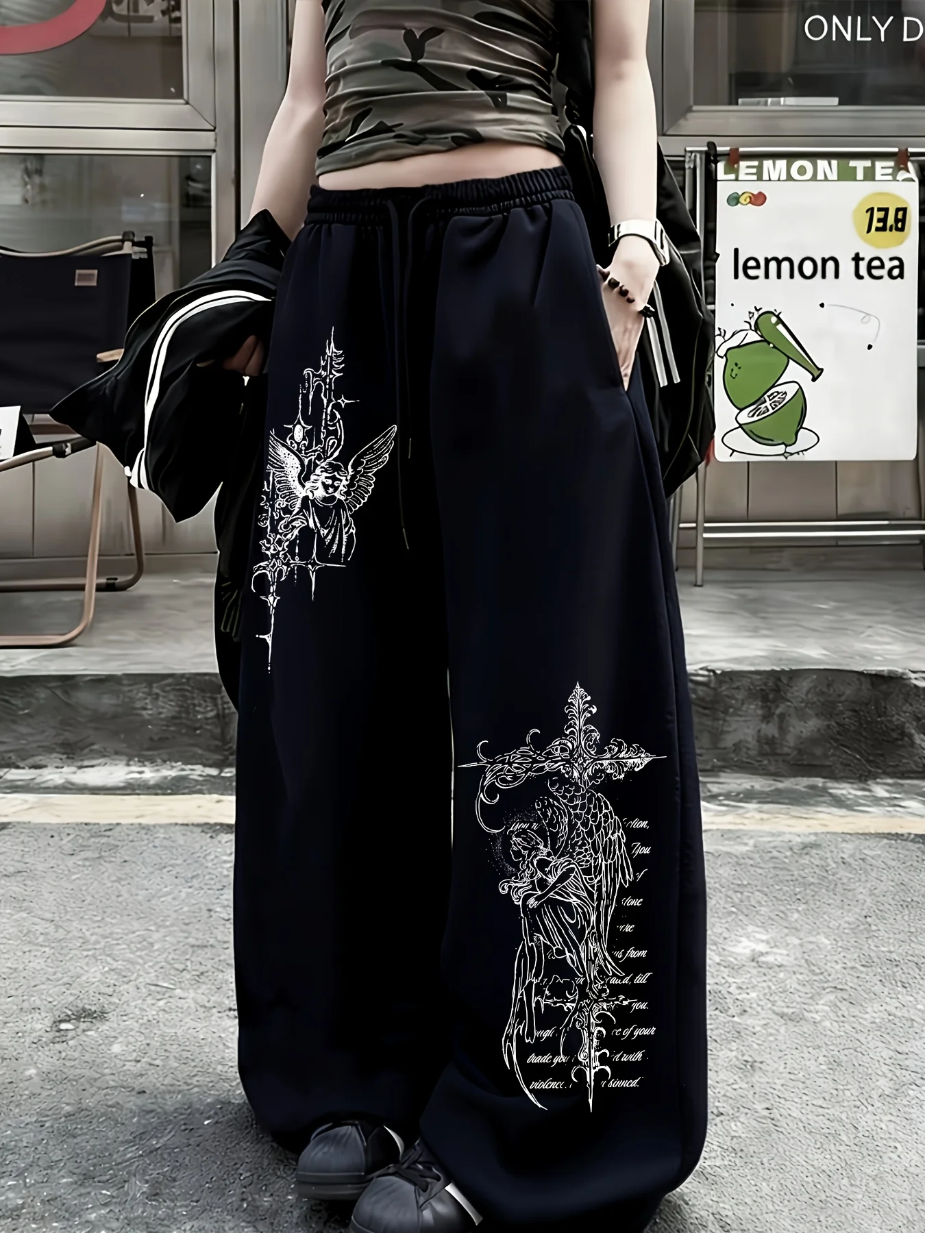 Halloween Women Gothic Angel Cross Print Wide Leg Sweatpants Elastic Drawstring Loose Streetwear Trousers