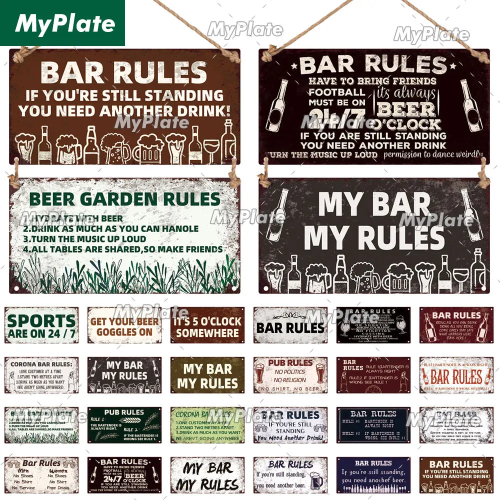 [MyPlate] Bar Pub Rules Wooden Wall Plaque Sign Wood Plate Home Door Wall Deocr Decoration Man Cave Hanging Sign House Gift