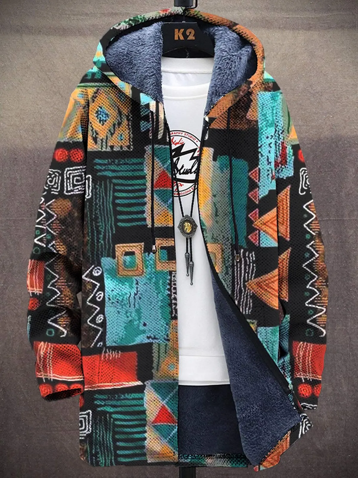 Unisex Geometric Abstract Print Plush Cardigan Hoodie Thick Long-Sleeved Fleece Lined Zipper Coat for All Seasons