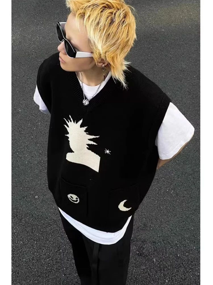 

Retro ket V-Ne Loose Svel Knitted Vest Men's Spring Autumn Trendy Brand Faion Outerwear Comfortable Polyester