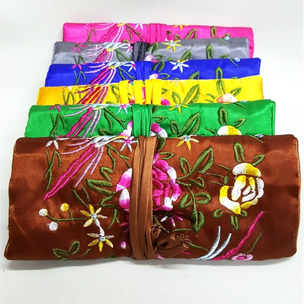 New Oriental Silk Jewelry Roll Wrap Scroll-type Object Brocade Storage Bag Jewelry Pouch Organizer