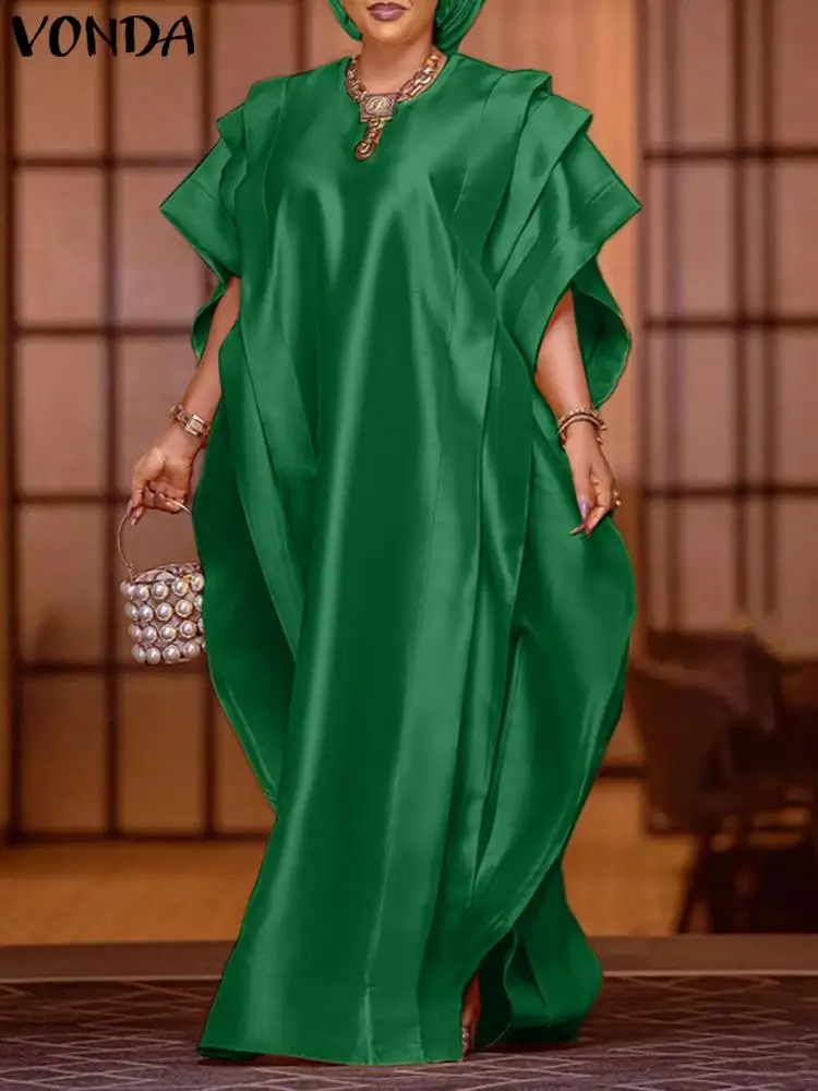 VONDA Plus Size Elegant Maxi Dress 2024 Summer WomenShort Sleeve Ruffled Satin Party Sundress Casual Loose Solid Robe Femme