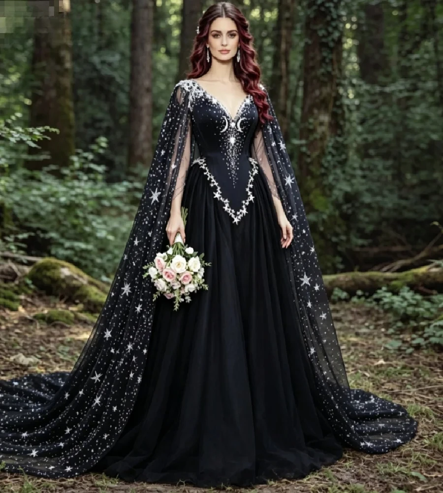 Customized Extravagant Graceful Wedding Dresses with Silver Star Moon Appliques Sheer Cape Witchy  Bridal Gowns