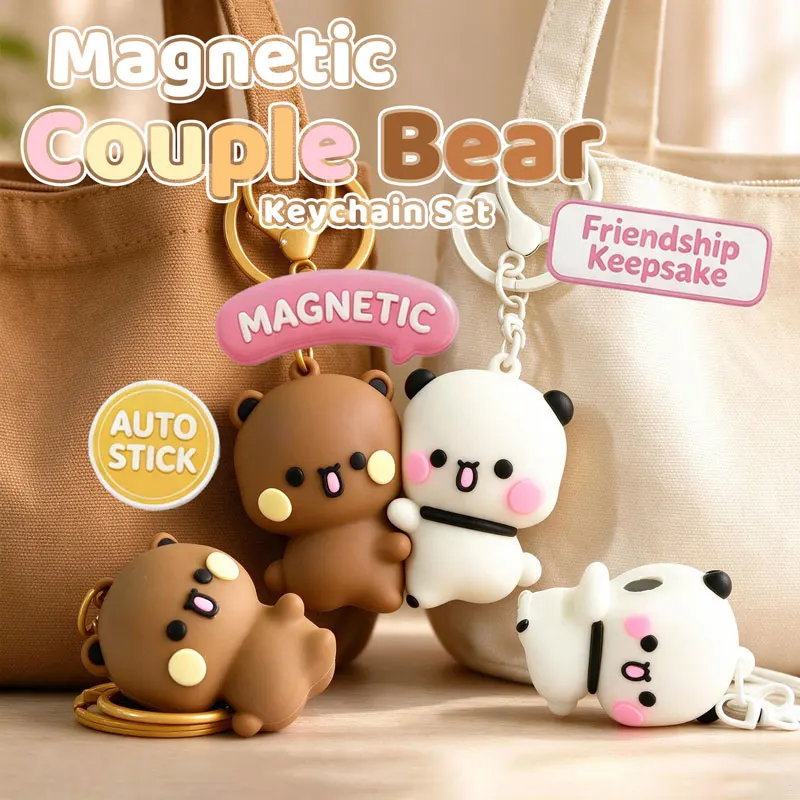 Bubu Dudu Magnetic Couple Keychain Set Cute Hugging Bear Panda Backpack Pendant Lovely Bag Charm Valentine Gift for Teens Adults