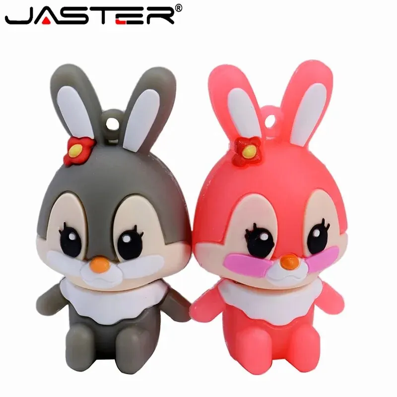 Lovely Rabbits USB Flash Drive 64GB Cartoon Pink Memory Stick 32GB Creative Gift Pen Drive 16GB Free Key Chain External Storage