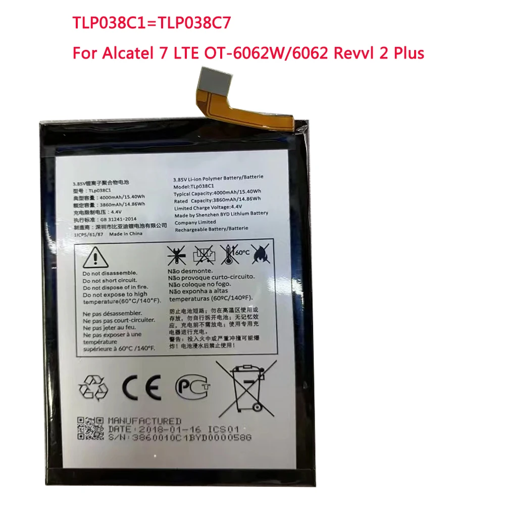 New high quality 4000mAh/3860mAh TLP038C1 TLP038C7 Battery For Alcatel 7 LTE OT-6062W/6062 Revvl 2 Plus Mobile Phone