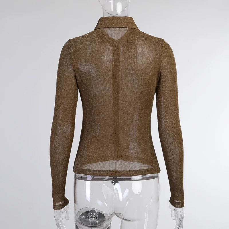 Summer  Ladies Cardigan Transparent T-shirt Brown Lapel Button Mesh Casual Sexy Long-sleeved Top Transparent Cardigan Top