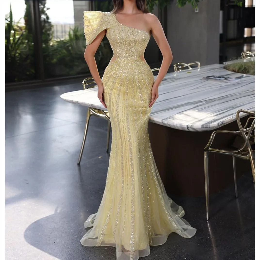 Yellow Mermaid Evening Dresses One Shoulder Bateau Sleeveless Sequins 3D Lace Sparkly Beaded Appliques Prom Dresses Custom Made