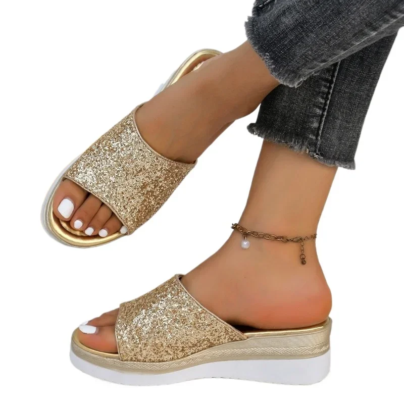 2024 brand Ladies Shoes Plus Size Women's Slippers Fashion Sequins Casual Slippers Women New Peep Toe Wedge Slippers zapatos