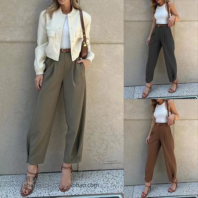 

Faionable Pure Color Loose High Waist Suit Pants Women's Straight Leg Trousers Commute Polyester Fiber Long Pants