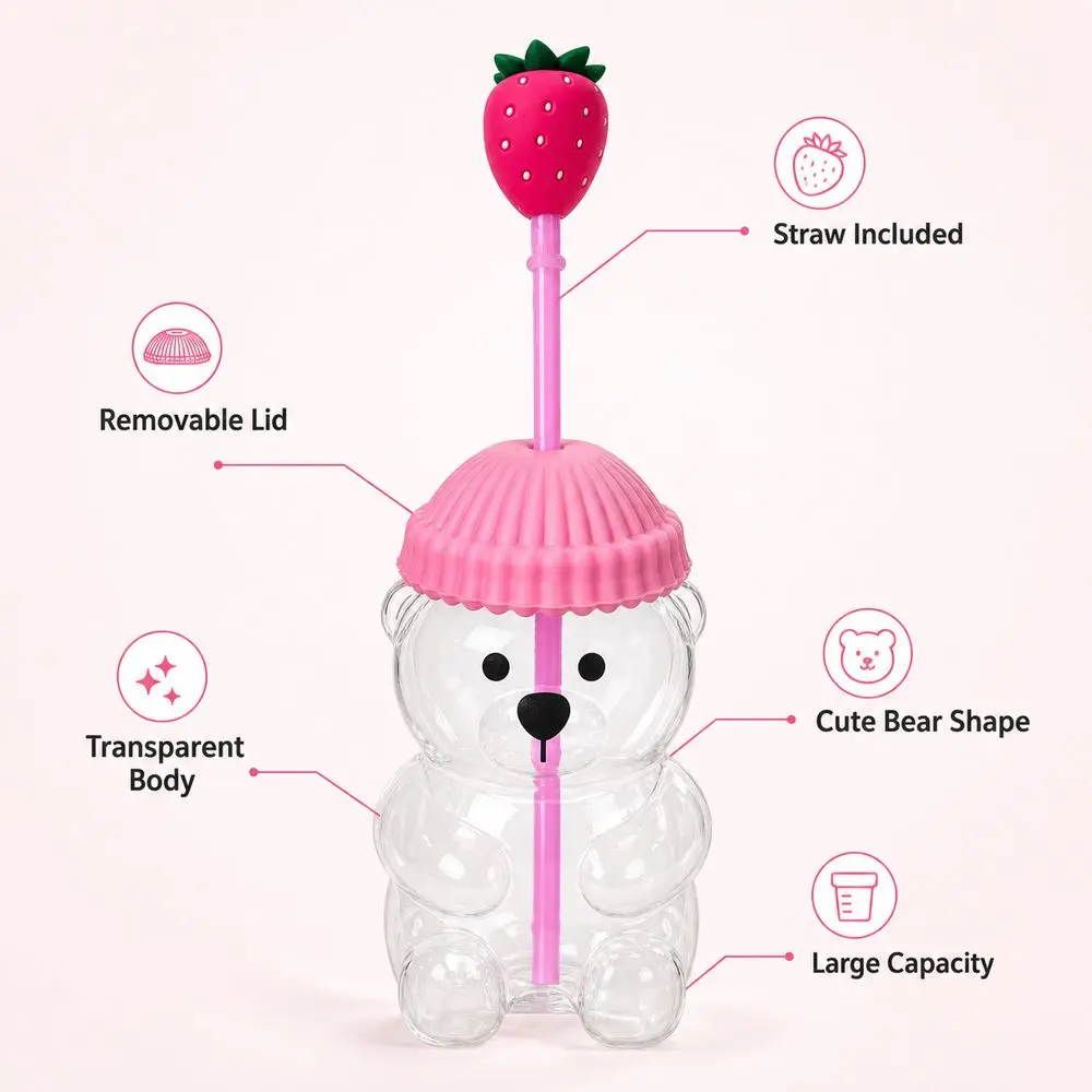 Cute with Lid Bear Drinking Cup Transparent Large Capacity Bear Straw Cup Teddy Bear Plastic Cup Home and Work