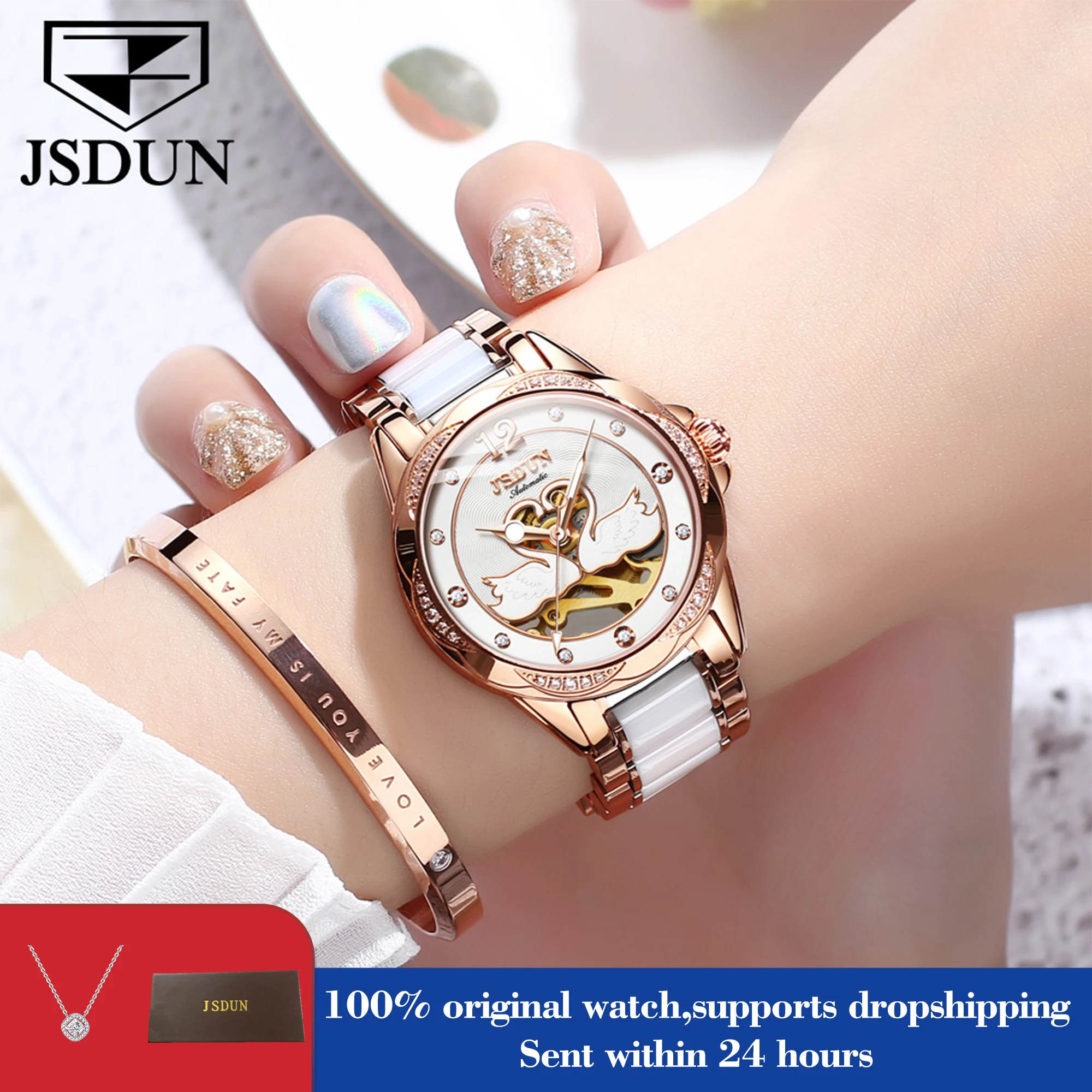 

JSDUN 8831, женские автоматические часы, полые механические часы для женщин, керамический стальной ремешок, водонепроницаемые ручные часы, сапфировое зеркало