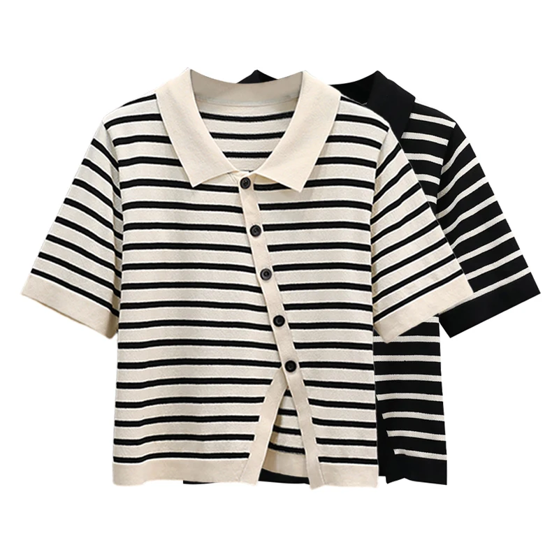 plus Size Striped Knitted Short Sleeve T-Shirt Women Summer Fashion Asymmetrical Shirt Top for Pear Shaped Body 5