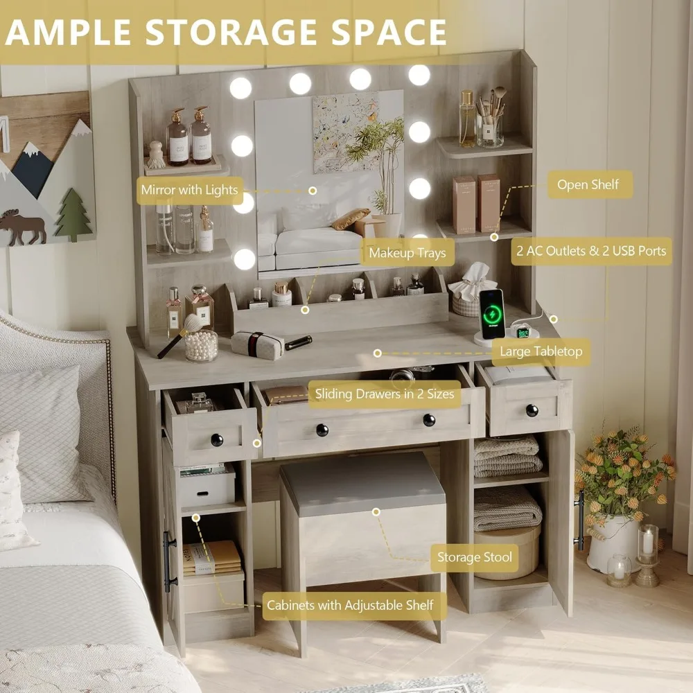 مكتب زينة كبير على طراز المزرعة مقاس 43 بوصة مع مرآة وأضواء وأدراج تخزين ومحطة شحن