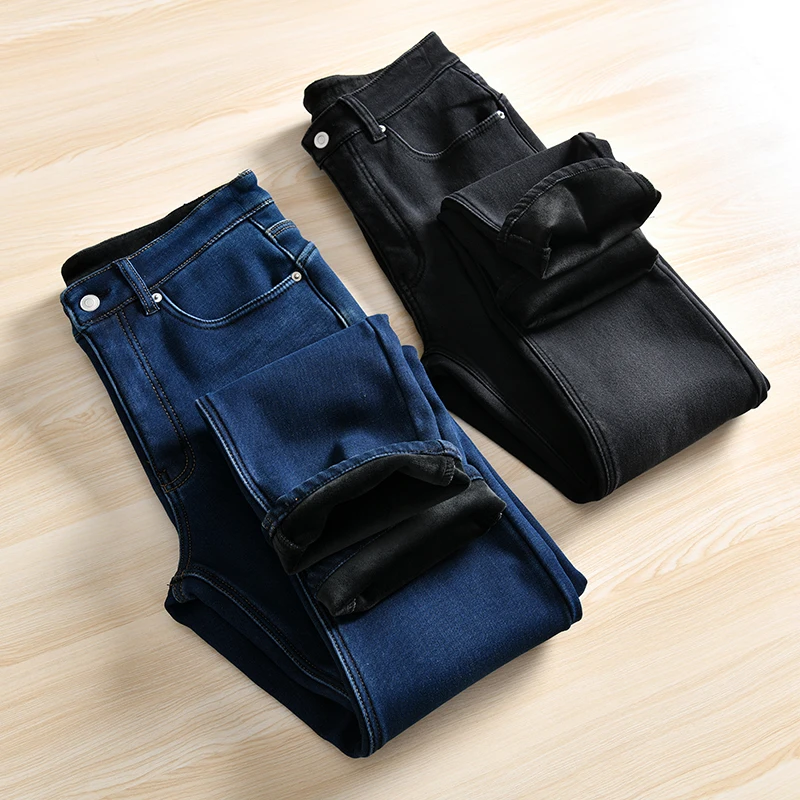 

Men's Fleece Lined Thickened Elastic Jeans Casual Winter Straight Leg Slim Fit Warm Long Pants mid Waist Zipper Youth Fashion