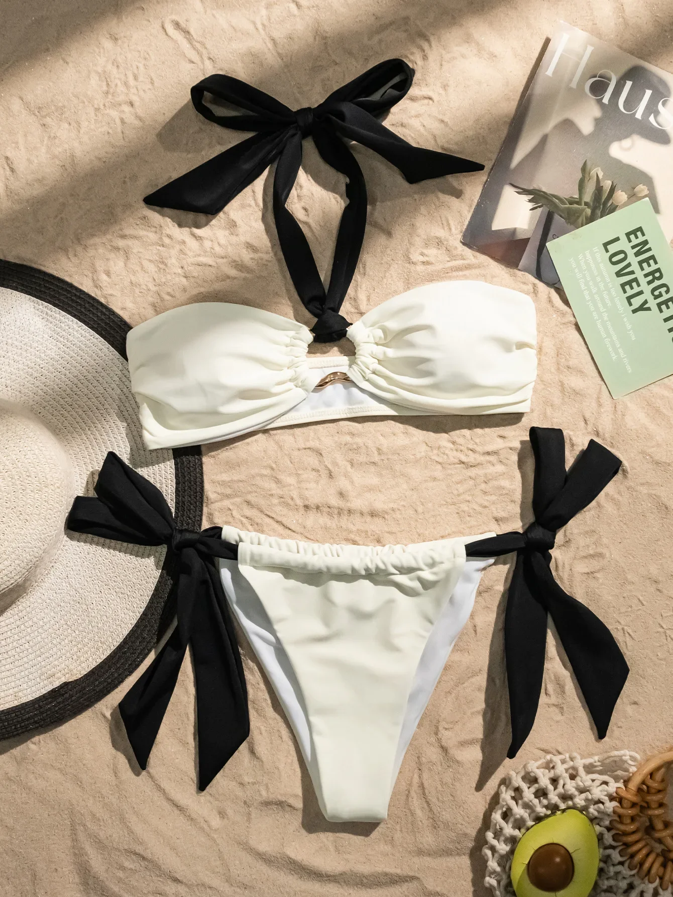 

sexy black beige patchwork halter bikinis sets two pieces tie drawstring swimsuit bathing suit swimwear beach outfits biquini