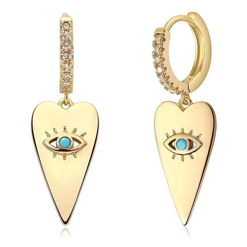 Huitan Punk Evil Eyes Design Damen-Ohrringe Metall Goldfarben Y2K Hängeohrringe Herz Blaue Augen Charms Hip-Hop-Schmuck