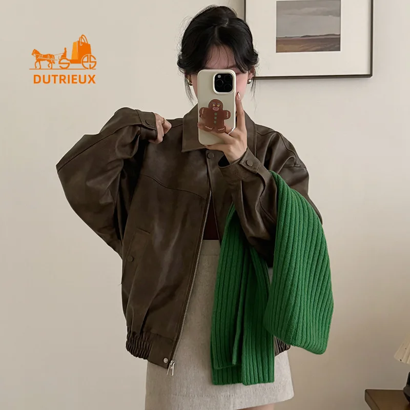 2025 New Spring and Autumn Women's Brown Distressed Real Leather Jacket, Oversized and Daily 100% Genuine Leather Coat for Women