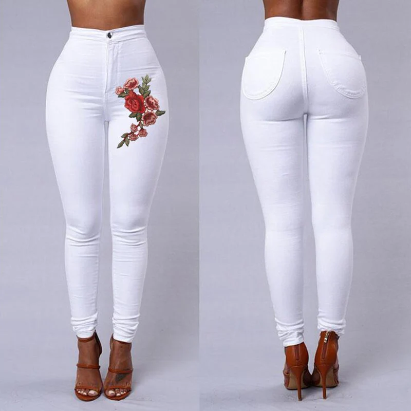 Embroidery Flower Pants Women's High Waist Stretch Pencil Pants Skinny Spring Autumn Casual Pencil Pants Simple All-Match