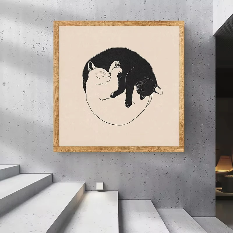 Yin and Yang Cats Charity Vintage Lino Style Poster Mystical Astrology Celestial Canvas Painting Boho Wall Art Room Home Decor