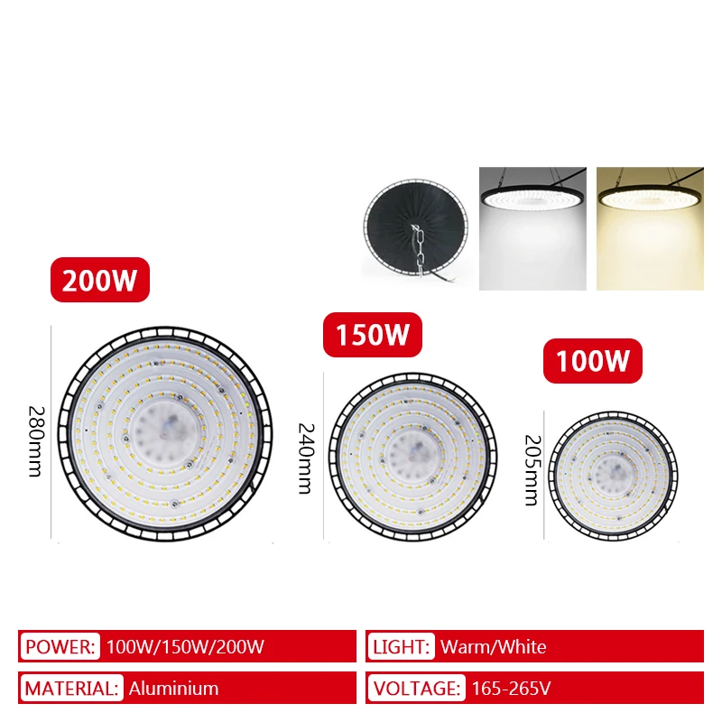 UFO LED 하이 베이 라이트, 비즈니스 스타디움 창고 차고 조명, 매우 밝은 산업 조명, 채굴 램프, 220V, 100W, 150W, 200W