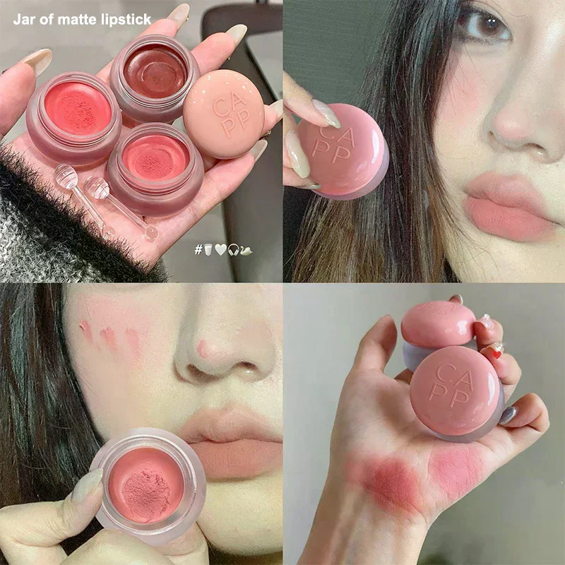 Cappuvini Canned Lip Mud Mist Lipstick Moisturizing Velvet Matte Mousse Solid Lip Gloss Cheek Blush Cream Tint Lips Cosmetic