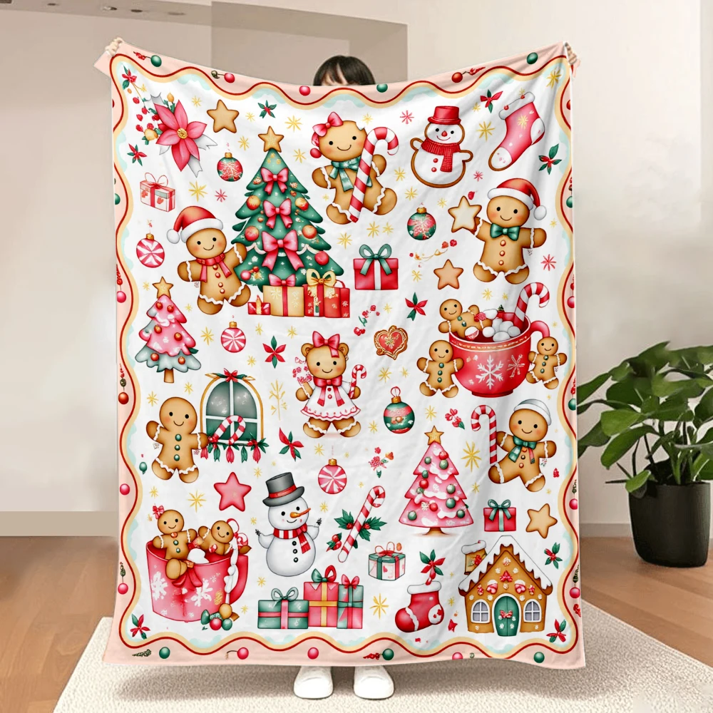 1PC Christmas Gingerbread Man and Snowman Print Blanket-Made of soft, fluffy flannel, perfect for the sofa or bed. Ideal for Chr