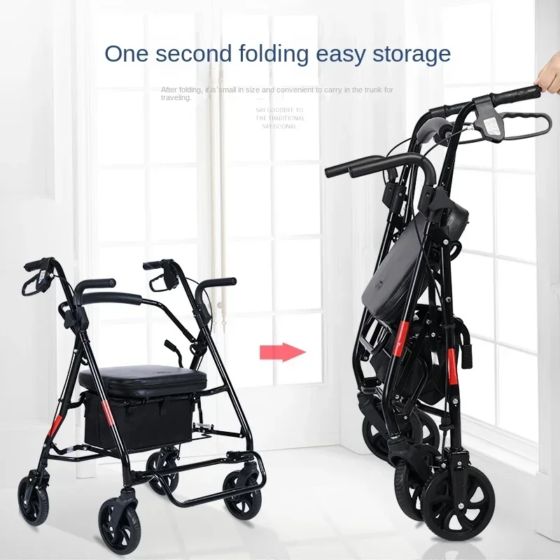 

Portable Elderly Travel Trolley, Four-Wheeled Walking Cart with Armrest, Folding Walking Stick Chair for Mobility