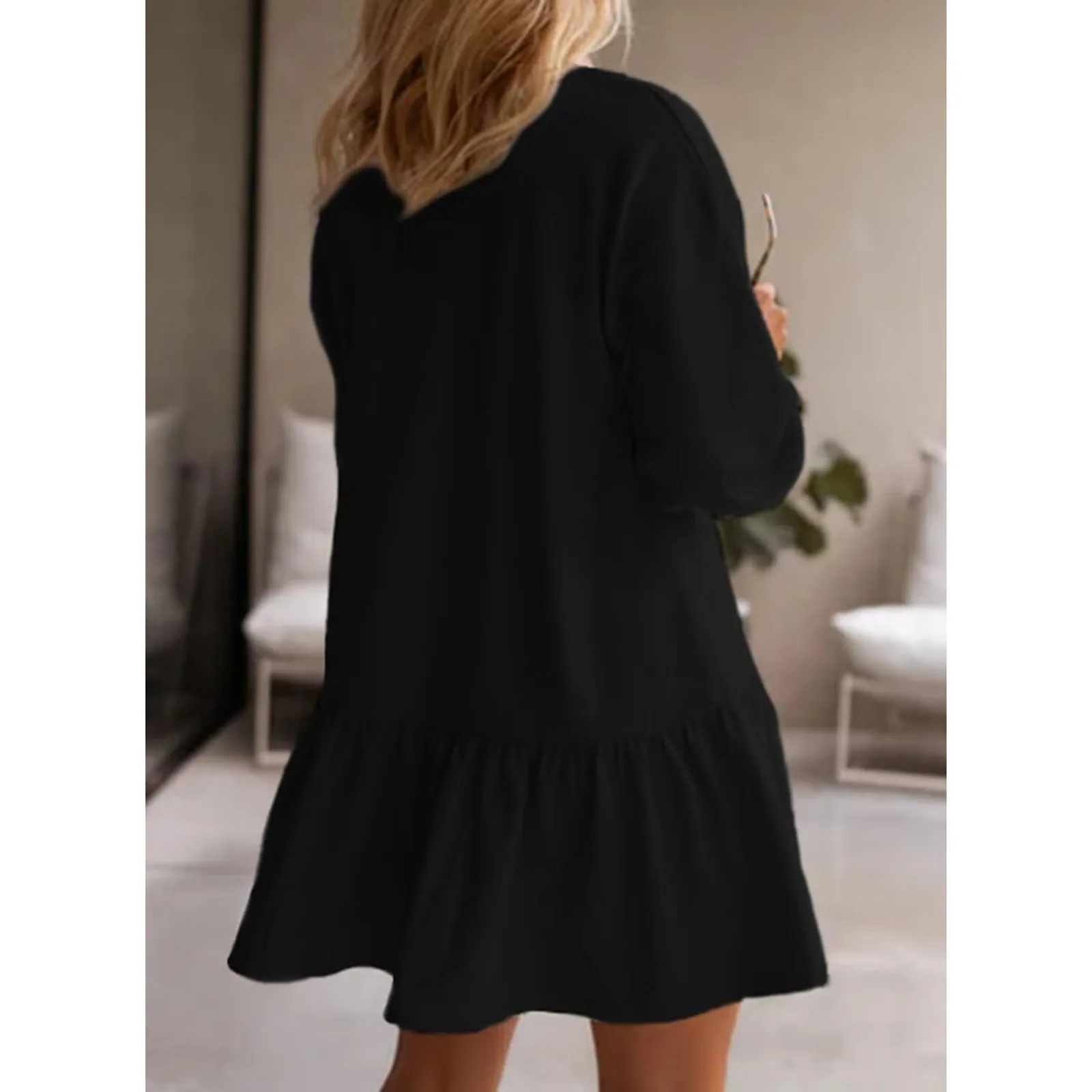 Womens 2024 Fall Long Sleeve Pullover Tops Crewneck Rib Knit Patchwork Sweatshirt Dress Summer Comfy Casual Mini Dresses