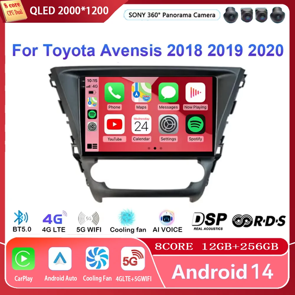 Android 14 Carplay Car Radio For Toyota Avensis 2018 2019 2020 Navigation Multimedia GPS Player Stereo WiFi+4G video 360 Camera