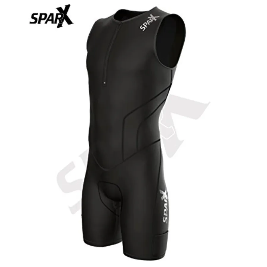 Triathlon suit for racing cycling swimming and running; high-performance polyester-spandex blend; black with neon yellow accent