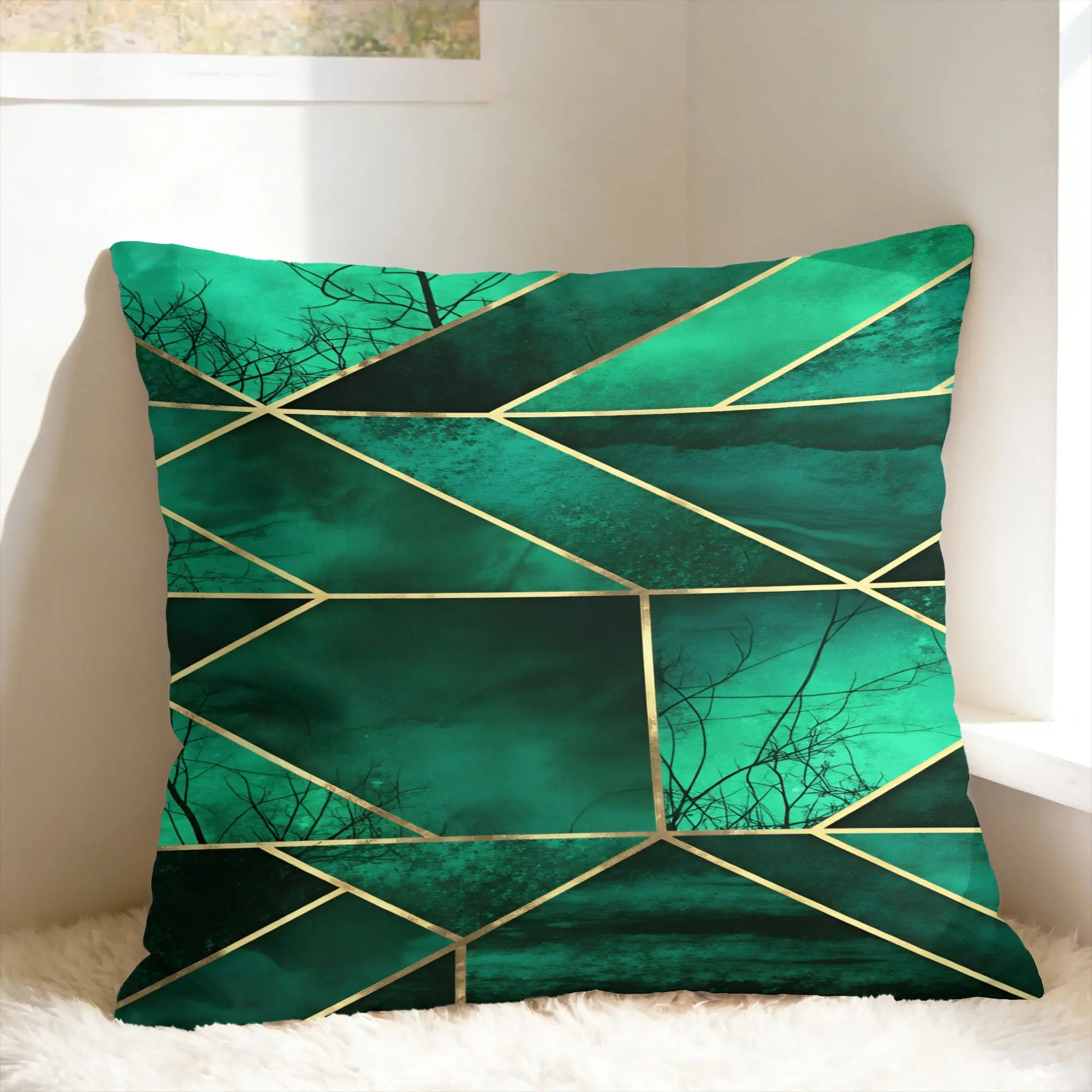 Pillow Case Green and Gold line Pattern Comfy  Pillow Cover For Sofa Home Decor Kawaii Pillowcases