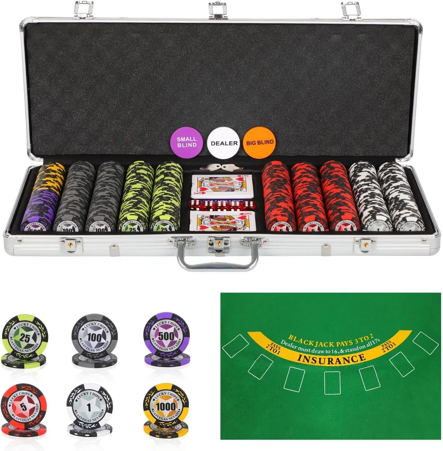 

500PCS 14G Clay Composite Poker Chip Set with Denominations, Aluminum Case, 2 Decks Cards, Tablecloth for Texas Holdem Blackjack