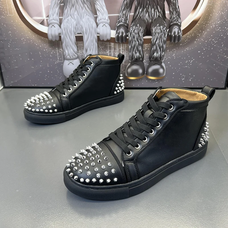 men casual original leather boots brand designer rivets shoes black white cowboy ankle boot hip hop rock dress short botas mans