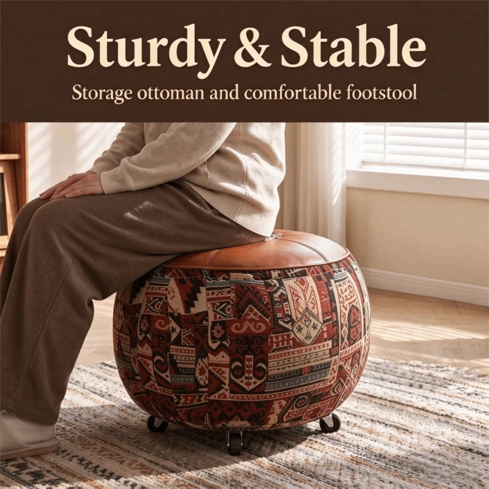 With Wheels Boho Seat Cushion Cover Embroider Craft Unstuffed Sofa Stool Cover Leather Waterproof Storage Leg Bench Home Use