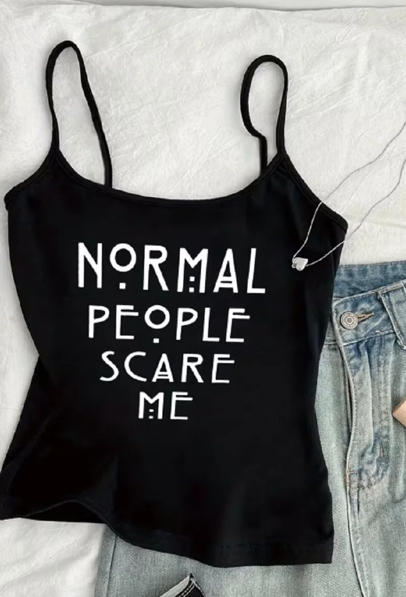 Women White Spaghetti Strap Cami Tank Top Normal People Scare Me Black Letter Print Sleeveless Slim Summer Casual Ladies Vest