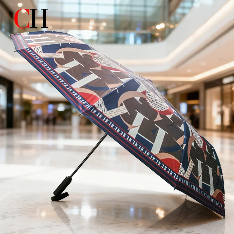 CH Folding Umbrella Manual Open Close Letter Print Windproof Sun Rain Dual Use Portable Travel Fashion Ladies Parasol