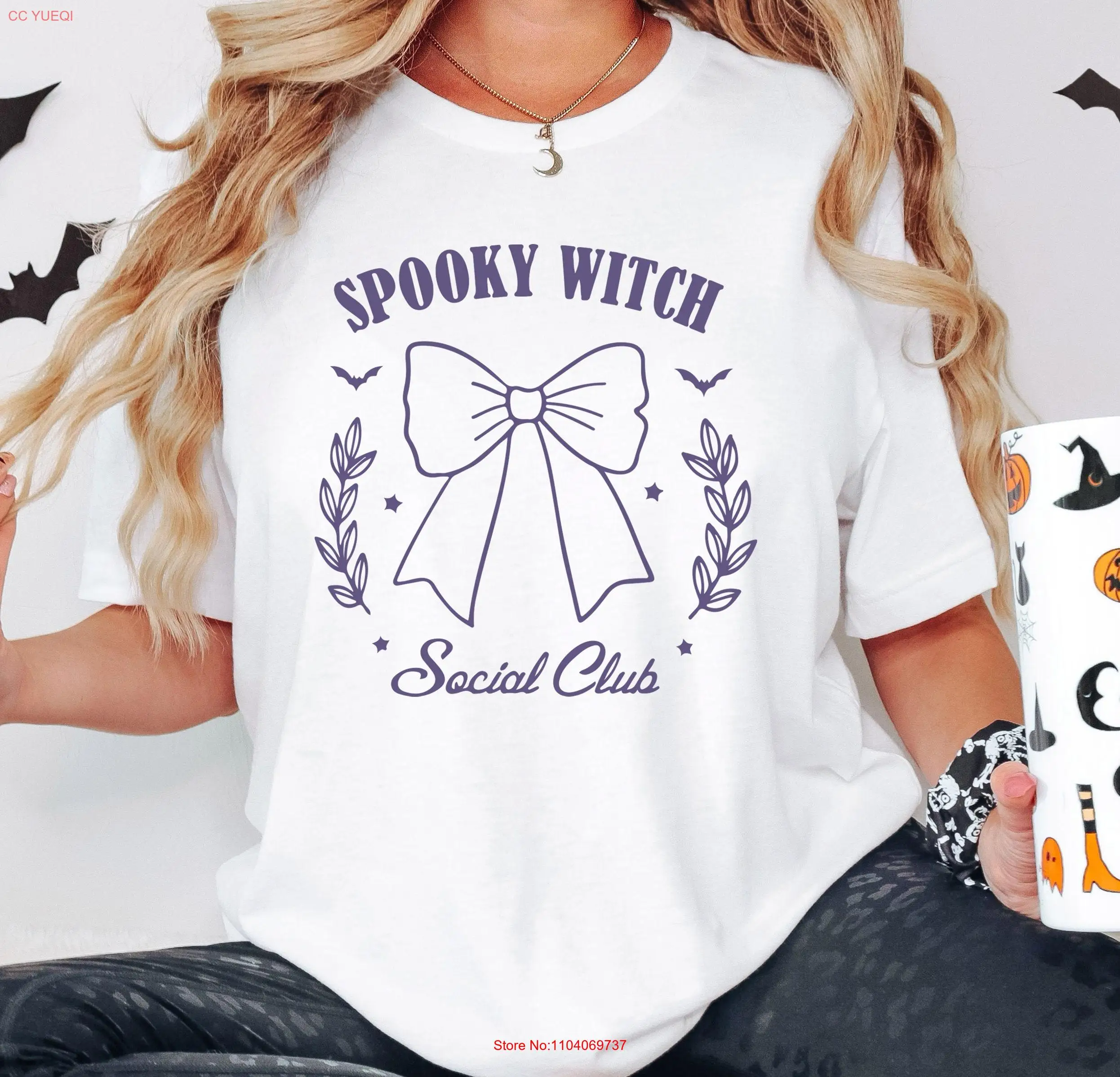 Футболка Spooky Witch Socail Club Тыквенный сезон Хэллоуин GifT Кокетка Модная осень AKR289 с длинными или короткими рукавами