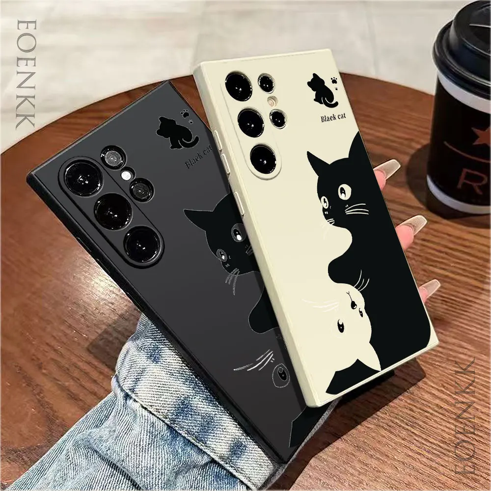 Cute Black Cat Print Phone Case For Samsung Galaxy S24 S23 S22 S21 S20 Ultra Plus FE A33 34 A52 53 A54 A71 A72 A73 5G Soft Cover