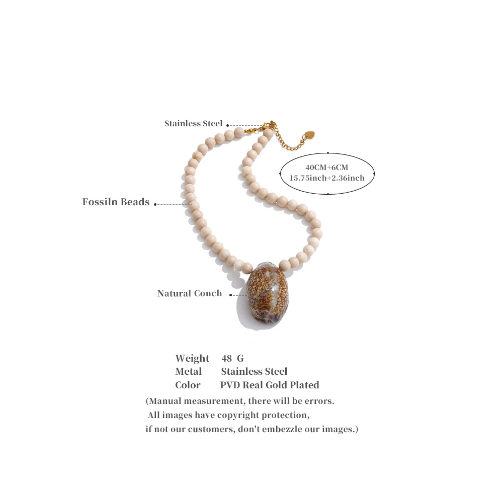 Yhpup Ocean Handmade Fossiln Beads Chain Conch Big Pendant Necklace High-Grade Summer Stainless Steel Jewelry Gift