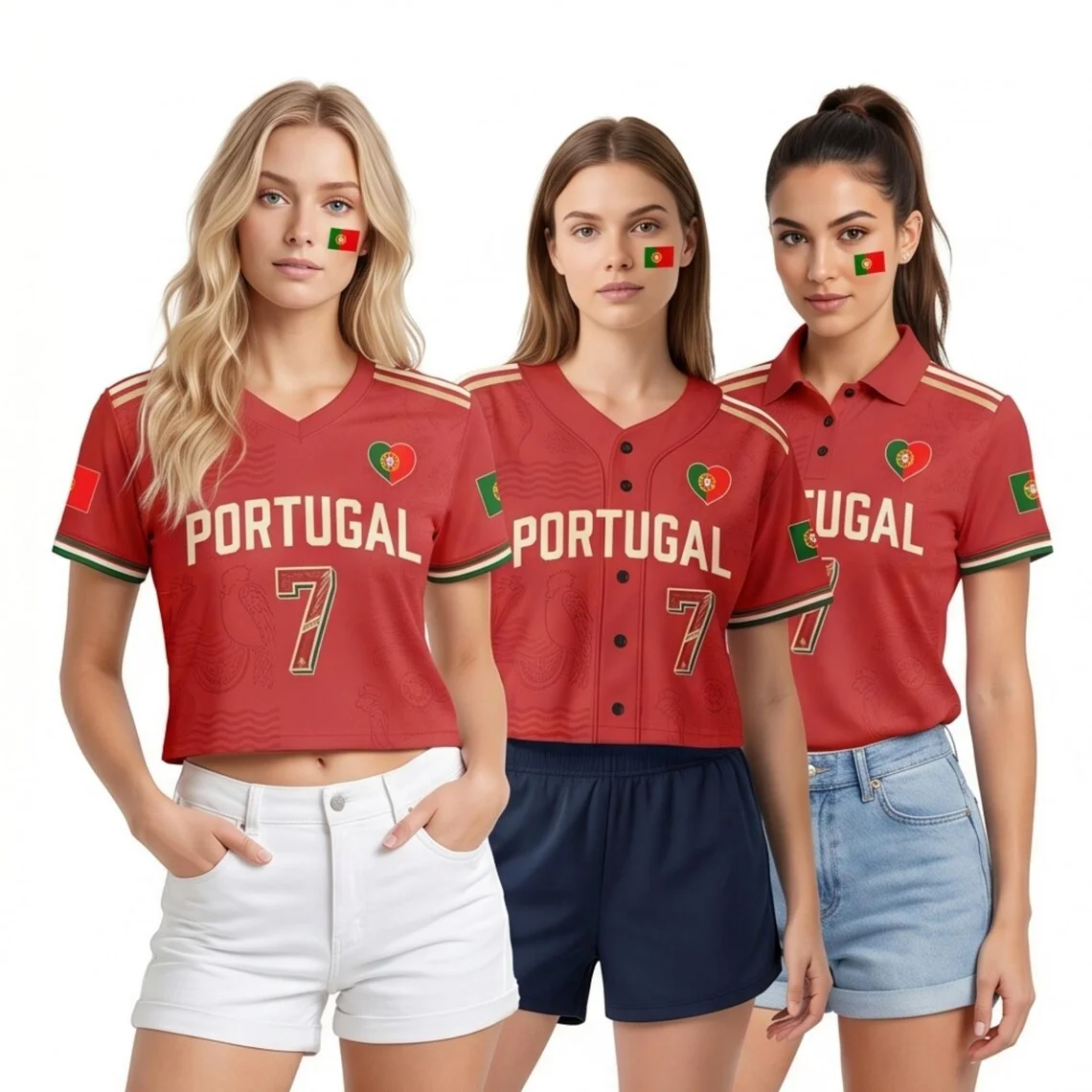 Portugal Women's Crop Top Baseball Jersey Mesh Crop Top, Women's Polo Shirt Set, Country Flag Fan Outfit for Game Day Supporters