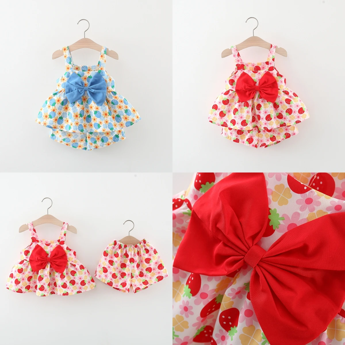 2Pcs/SetSummer children's clothing new  two-piece set with bow strawberry floral suspender top and shorts for girls set