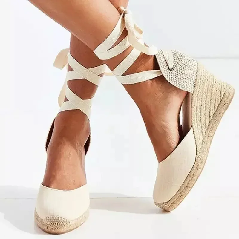 

2024 Summer New Large-size Wedge Sandals for Women Thick-soled Toe Wrap Heel Ring Strap Cloth Hemp Rope Sandals Women's Shoes