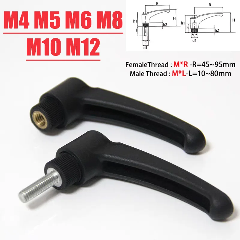 M4-12 Nylon Adjustable Position Tightening Handle Screw Resin Flange Arc-Shaped Plastic 7-Shaped Fixed Handle Female/Male Thread