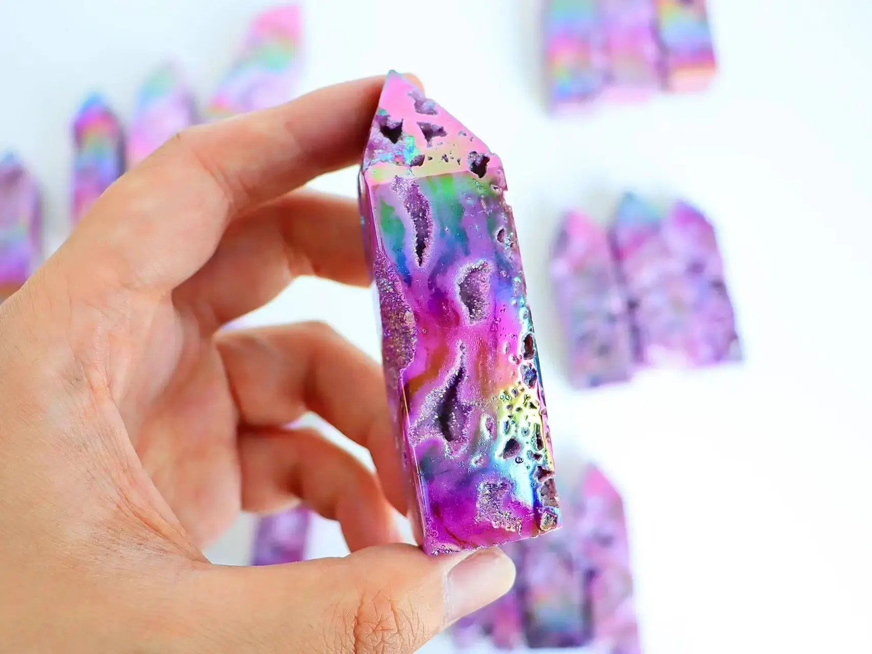 Natural Sphalerite Crystal Wand Titanium Coated Purple Angel Halo Energy Tower Healing 1pcs