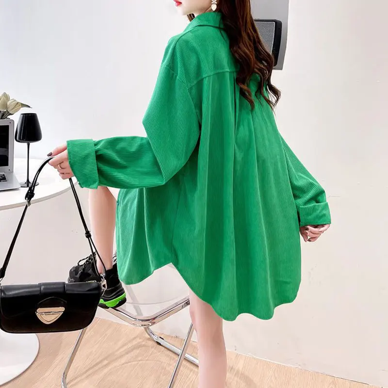 2025 printemps/automne femmes chemise coréenne solide revers fosse rayure Vintage velours côtelé chemise Femme mode Simple ample Harajuku hauts