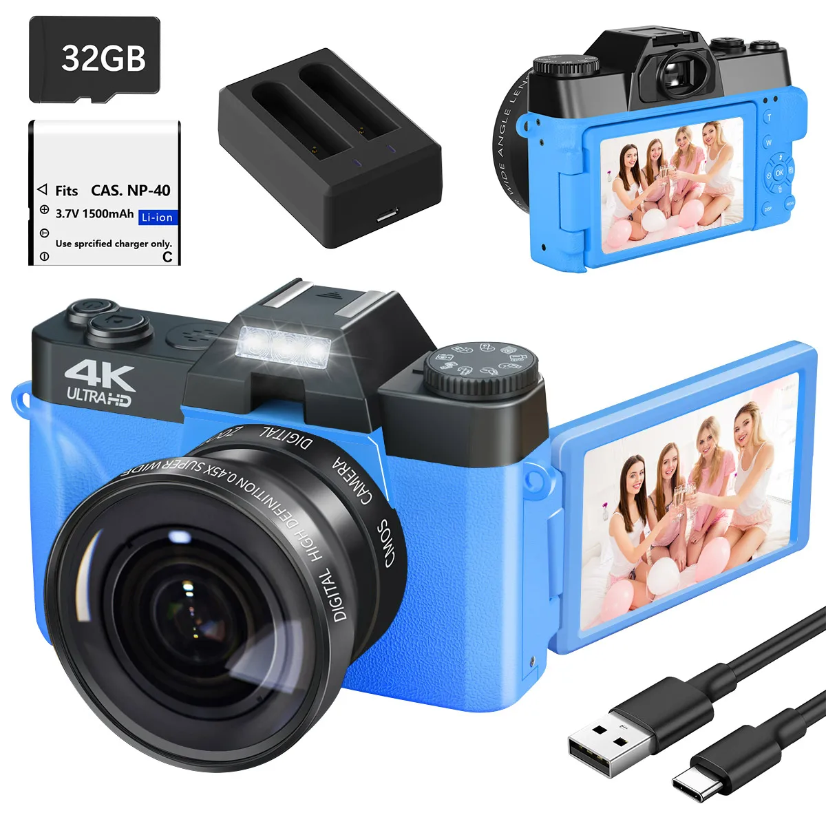 Câmera Digital 4K para Fotografia e Vídeo Autofoco Anti-Shake 56MP Câmera Compacta Vlogging 3'' 180 °   Tela dobrável com flash