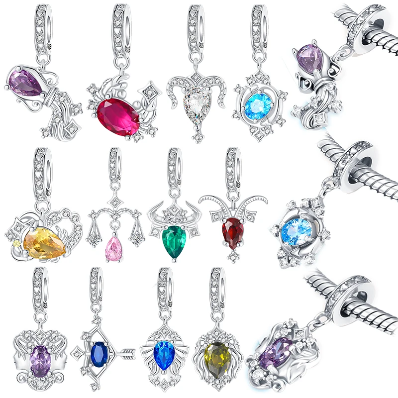 925 Sterling Silver Zodiac Birthstone Dangle Charm Cubic Zirconia Astrological Sign Pendant Fit DIY Bracelets Jewelry Gift